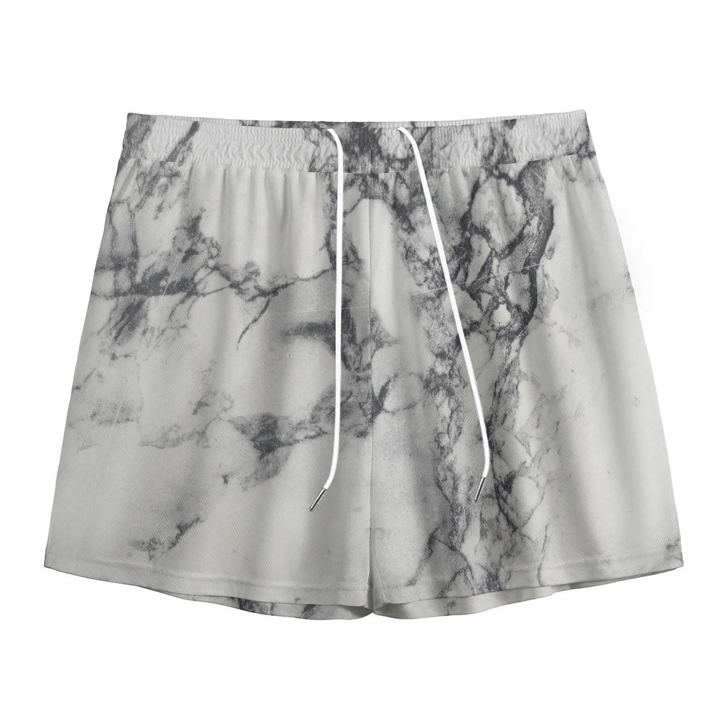 White Dark Grey Marble Print Mesh Shorts