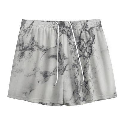 White Dark Grey Marble Print Mesh Shorts