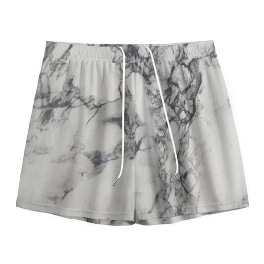 White Dark Grey Marble Print Mesh Shorts