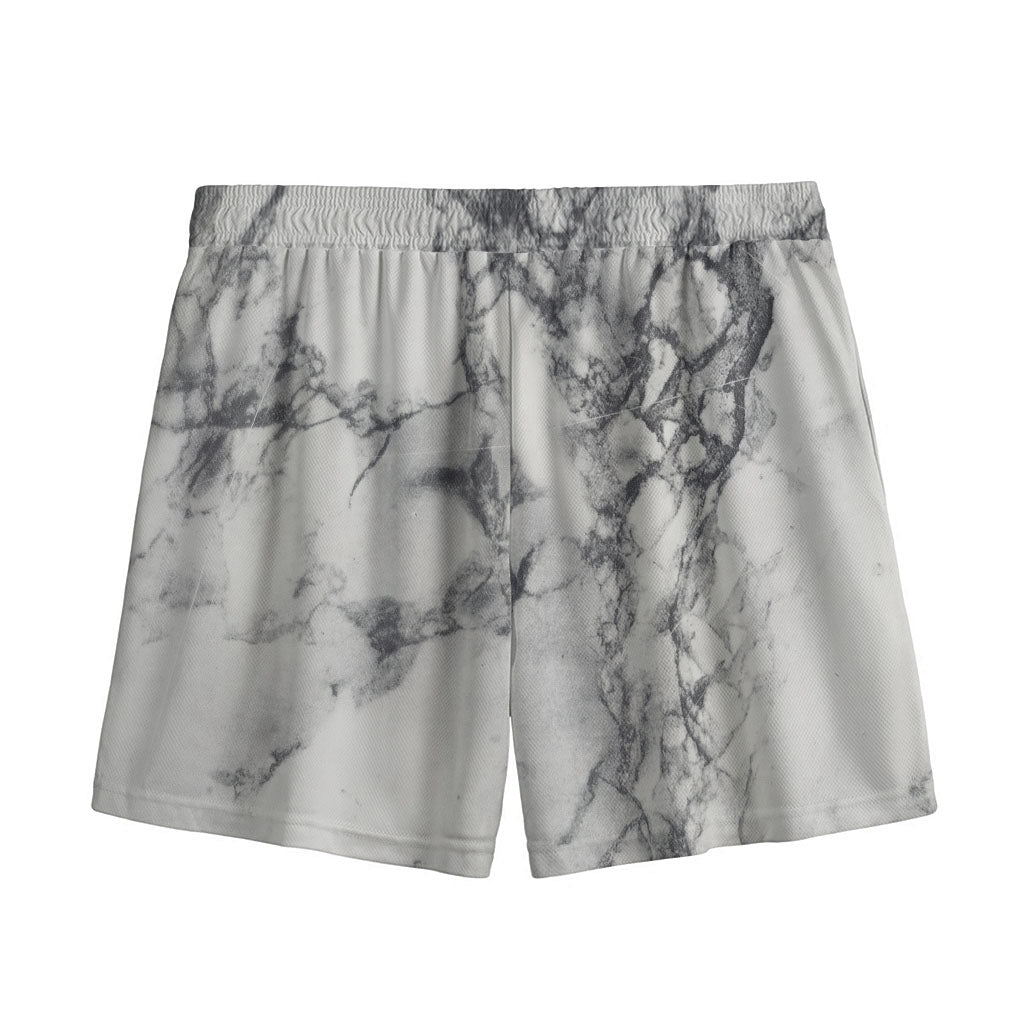 White Dark Grey Marble Print Mesh Shorts