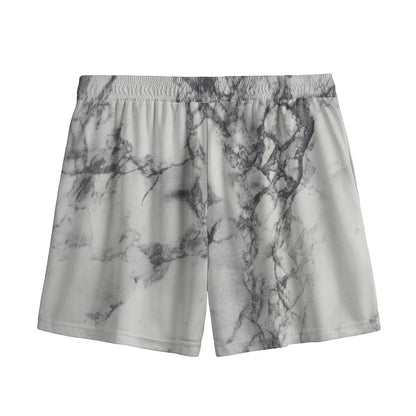 White Dark Grey Marble Print Mesh Shorts