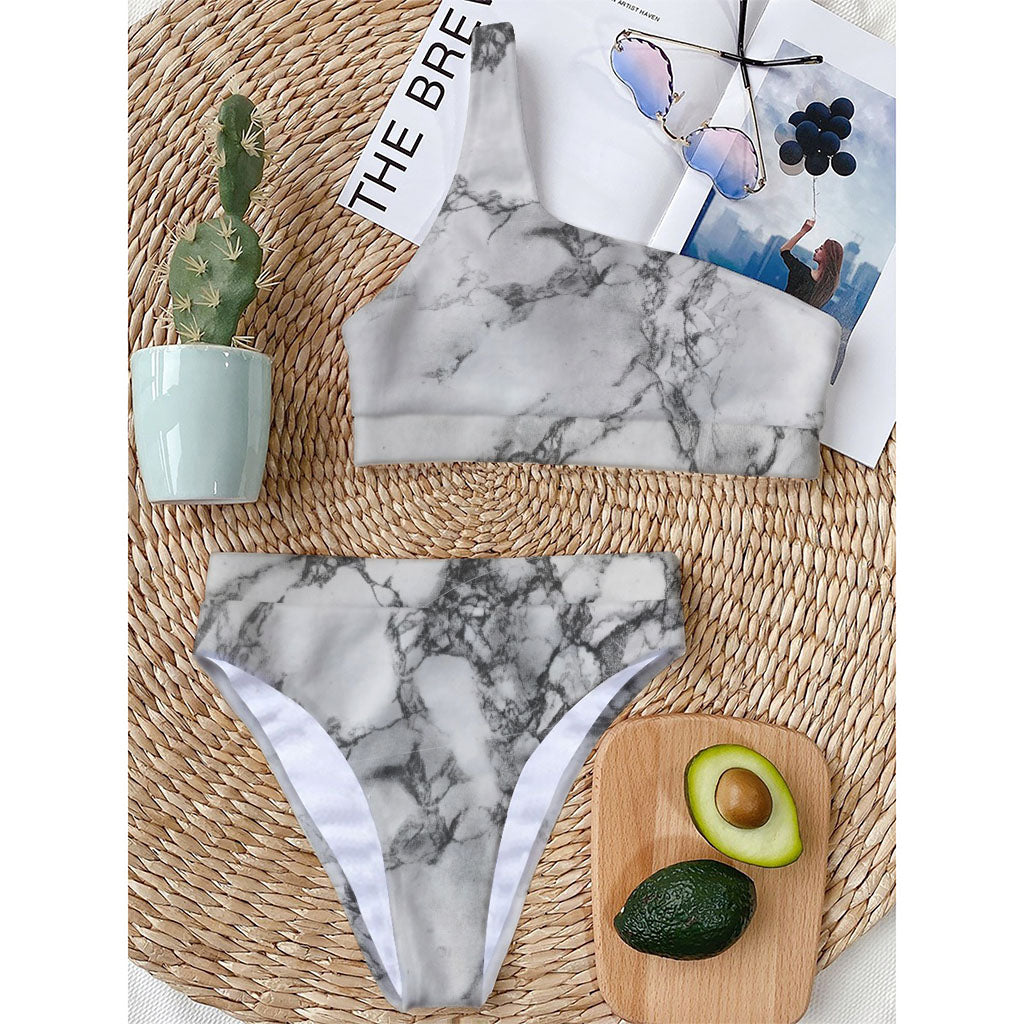 White Dark Grey Marble Print One Shoulder Bikini Top