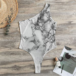 White Dark Grey Marble Print One Shoulder Bodysuit