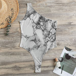 White Dark Grey Marble Print One Shoulder Bodysuit