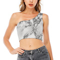White Dark Grey Marble Print One Shoulder Crop Top