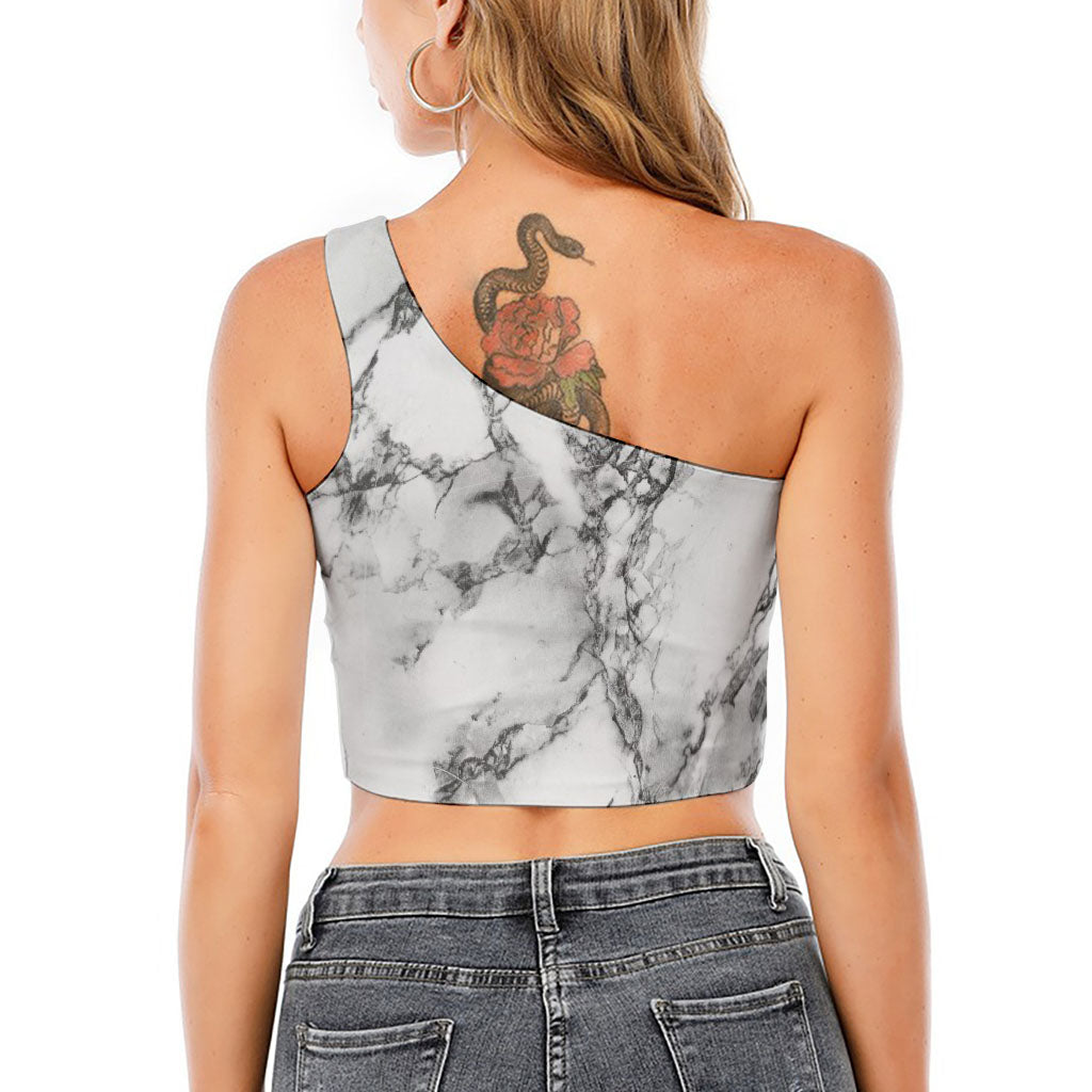 White Dark Grey Marble Print One Shoulder Crop Top