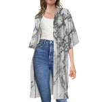 White Dark Grey Marble Print Open Front Beach Cover Up