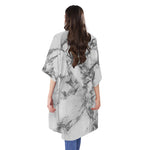 White Dark Grey Marble Print Open Front Beach Cover Up
