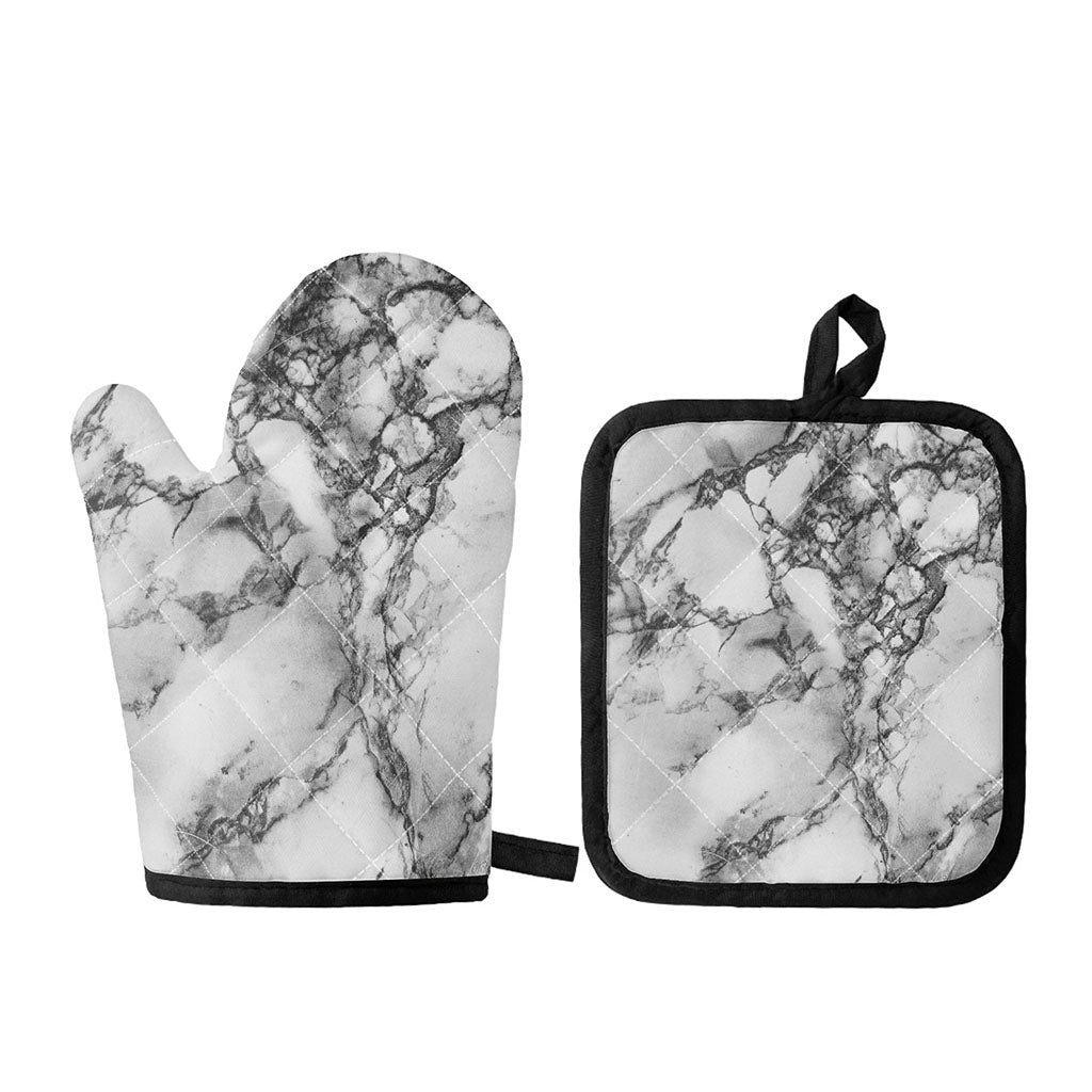White Dark Grey Marble Print Oven Mitt And Pot Holder Set