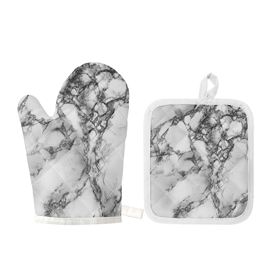 White Dark Grey Marble Print Oven Mitt And Pot Holder Set
