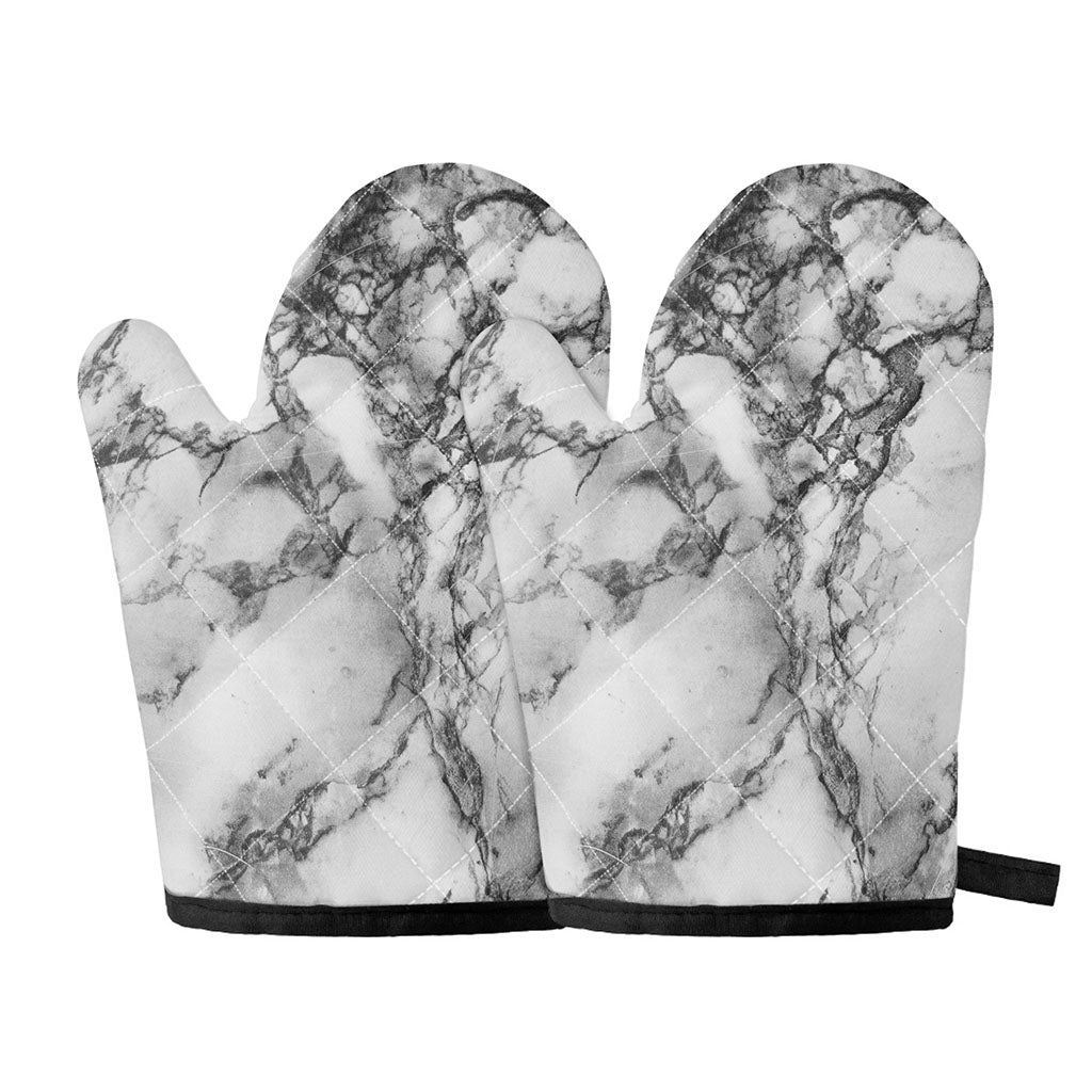 White Dark Grey Marble Print Oven Mitts