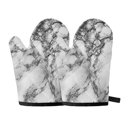 White Dark Grey Marble Print Oven Mitts
