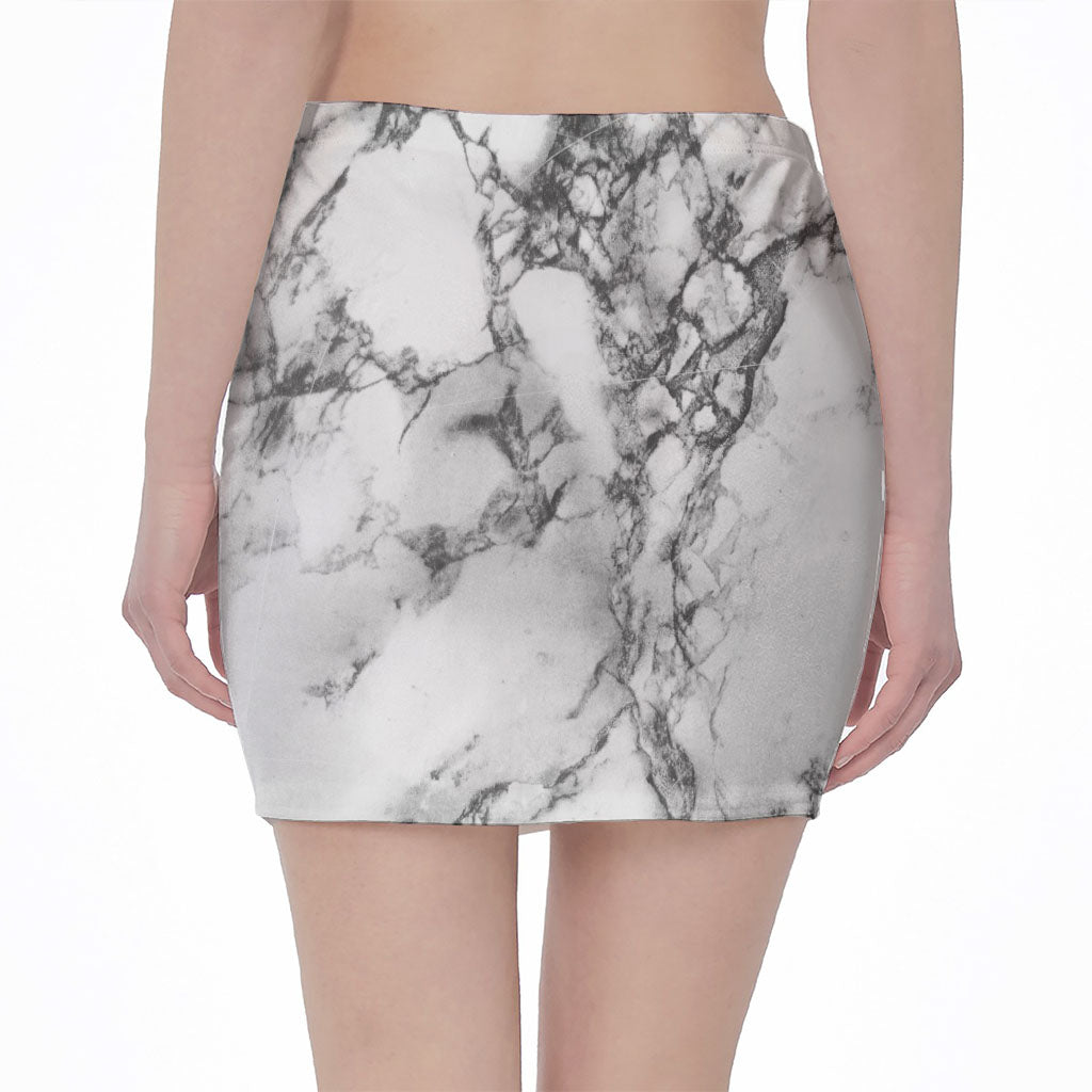 White Dark Grey Marble Print Pencil Mini Skirt