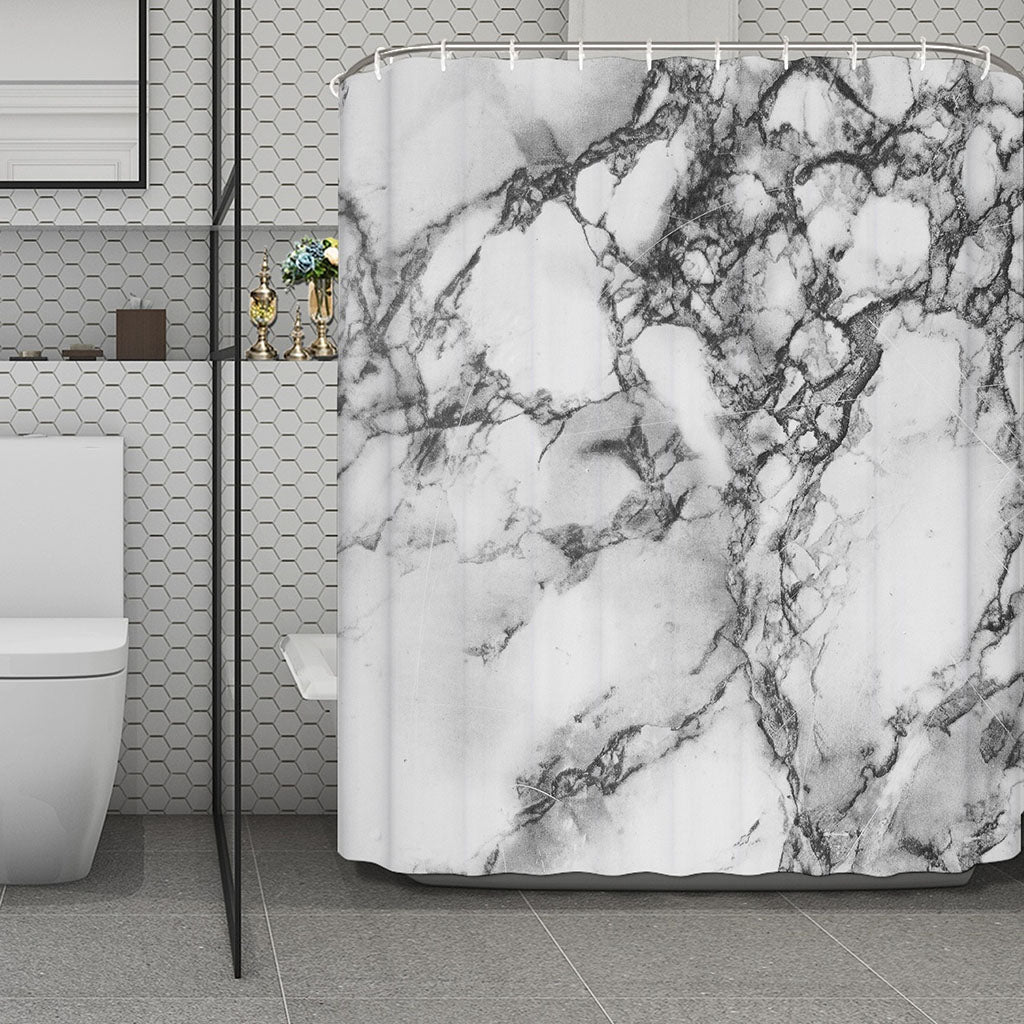 White Dark Grey Marble Print Polyester Shower Curtain