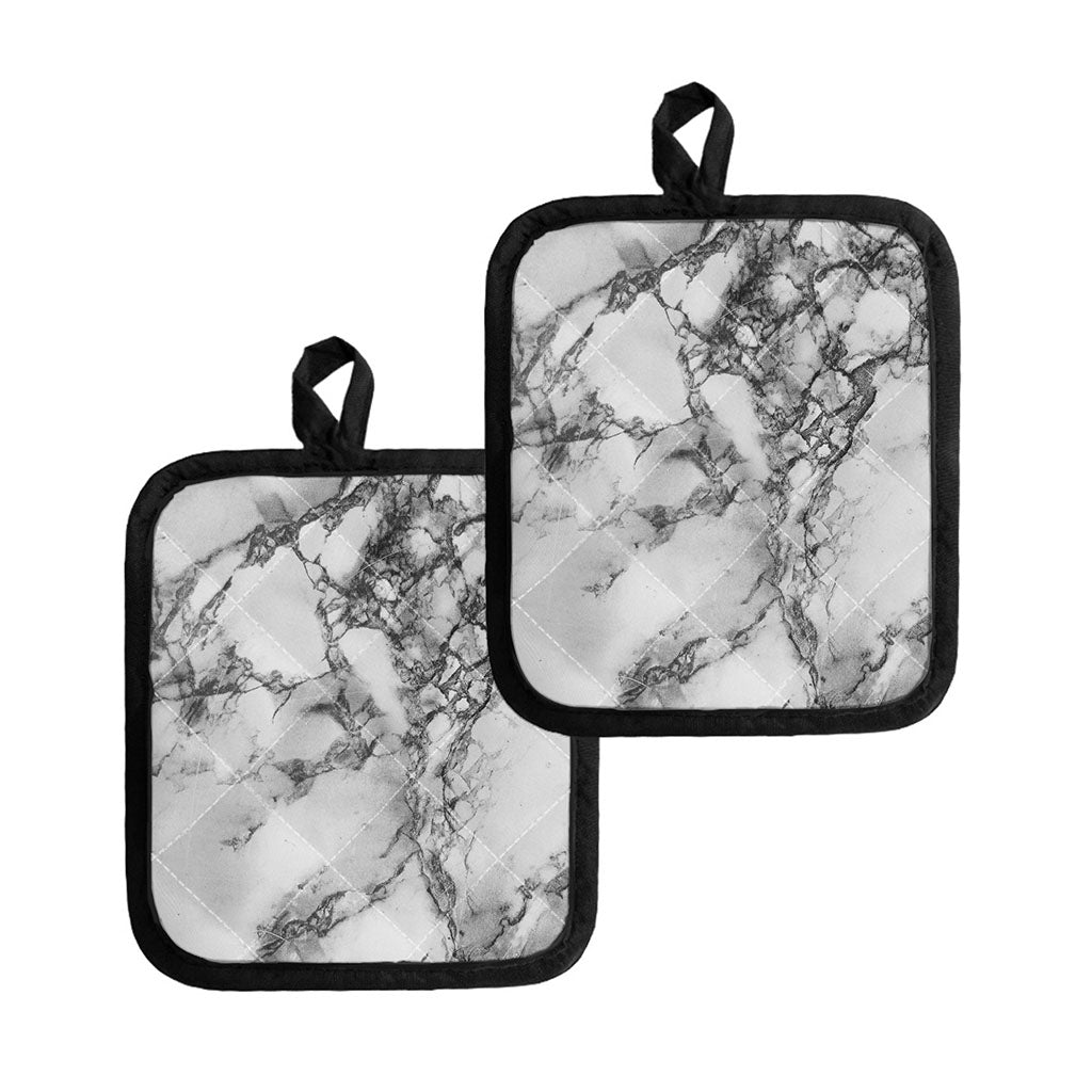 White Dark Grey Marble Print Pot Holders
