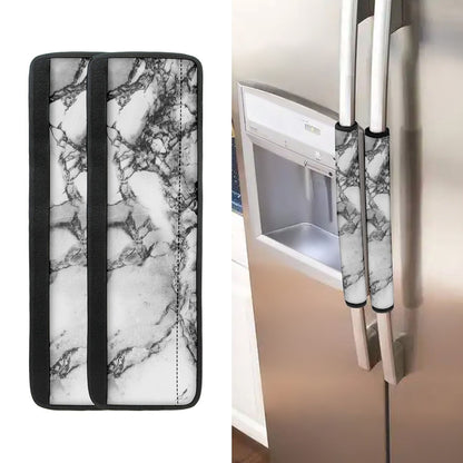 White Dark Grey Marble Print Refrigerator Handle Covers
