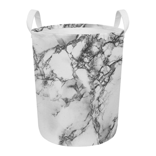 White Dark Grey Marble Print Round Laundry Basket