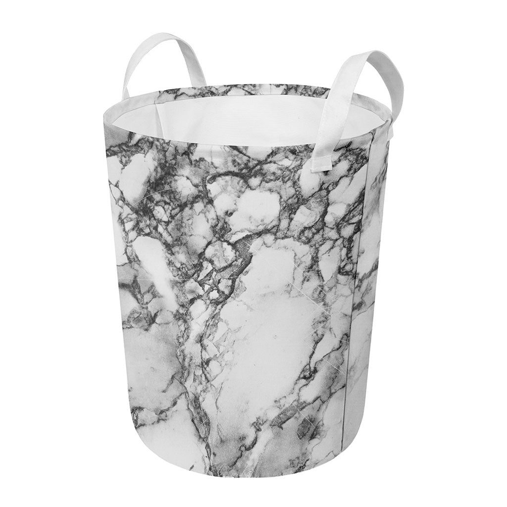 White Dark Grey Marble Print Round Laundry Basket