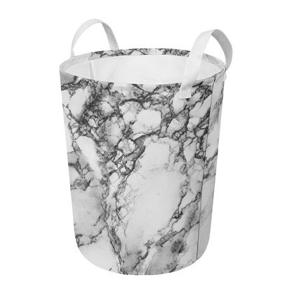 White Dark Grey Marble Print Round Laundry Basket