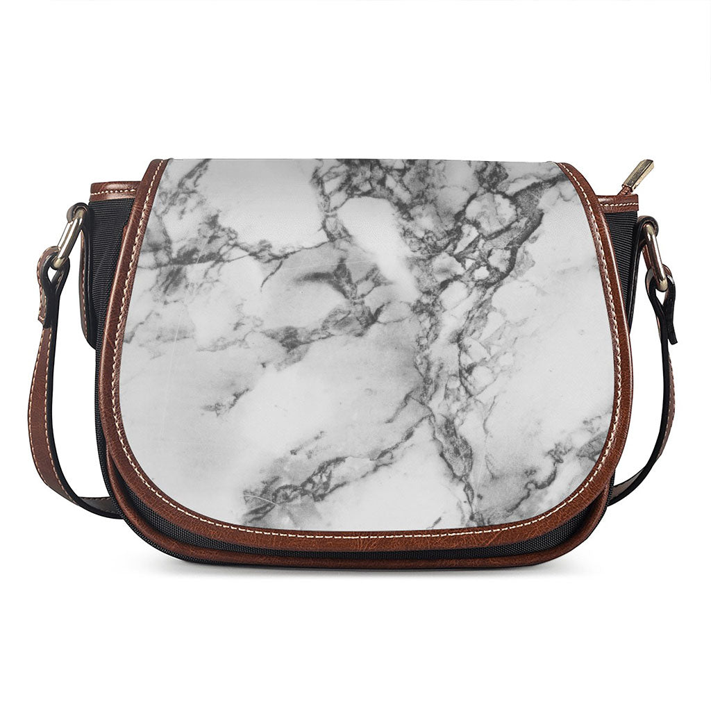White Dark Grey Marble Print Saddle Bag