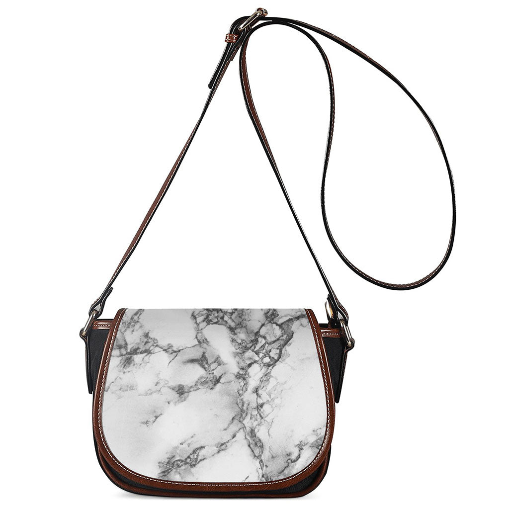 White Dark Grey Marble Print Saddle Bag