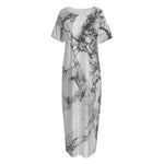 White Dark Grey Marble Print Short Sleeve Long Nightdress