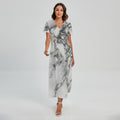 White Dark Grey Marble Print Short Sleeve Maxi Dress