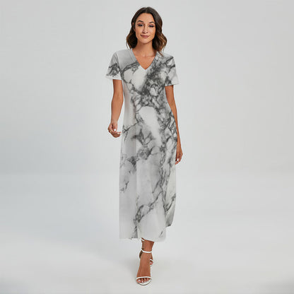White Dark Grey Marble Print Short Sleeve Maxi Dress
