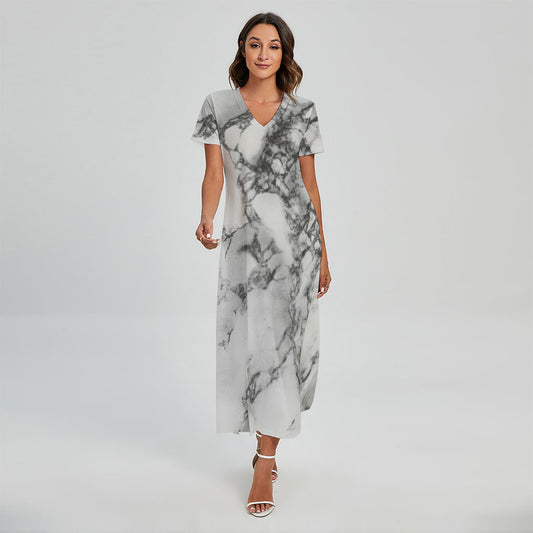White Dark Grey Marble Print Short Sleeve Maxi Dress