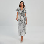 White Dark Grey Marble Print Short Sleeve Maxi Dress