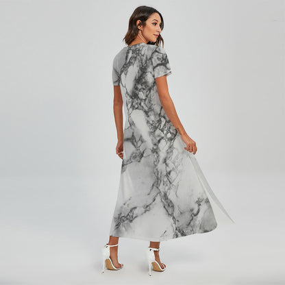 White Dark Grey Marble Print Short Sleeve Maxi Dress
