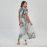 White Dark Grey Marble Print Short Sleeve Maxi Dress