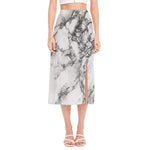 White Dark Grey Marble Print Side Slit Midi Skirt