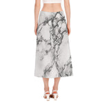 White Dark Grey Marble Print Side Slit Midi Skirt