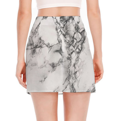 White Dark Grey Marble Print Side Slit Mini Skirt