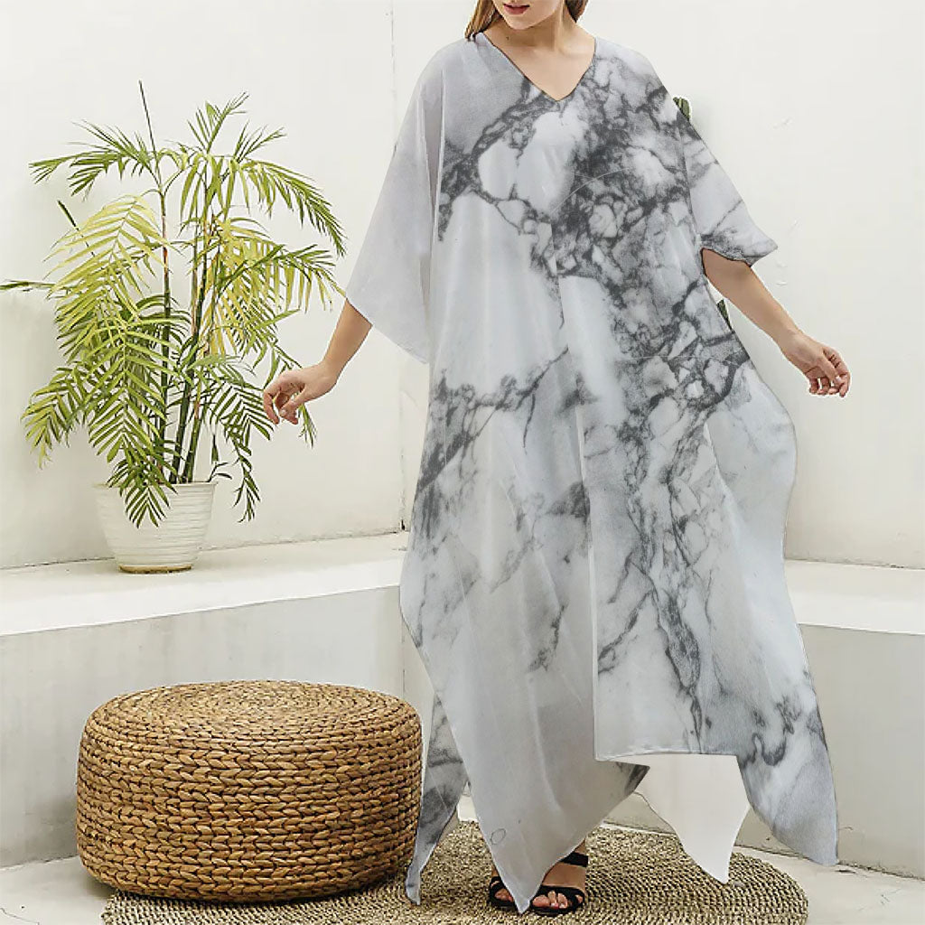White Dark Grey Marble Print Silk V-Neck Kaftan Dress