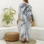 White Dark Grey Marble Print Silk V-Neck Kaftan Dress