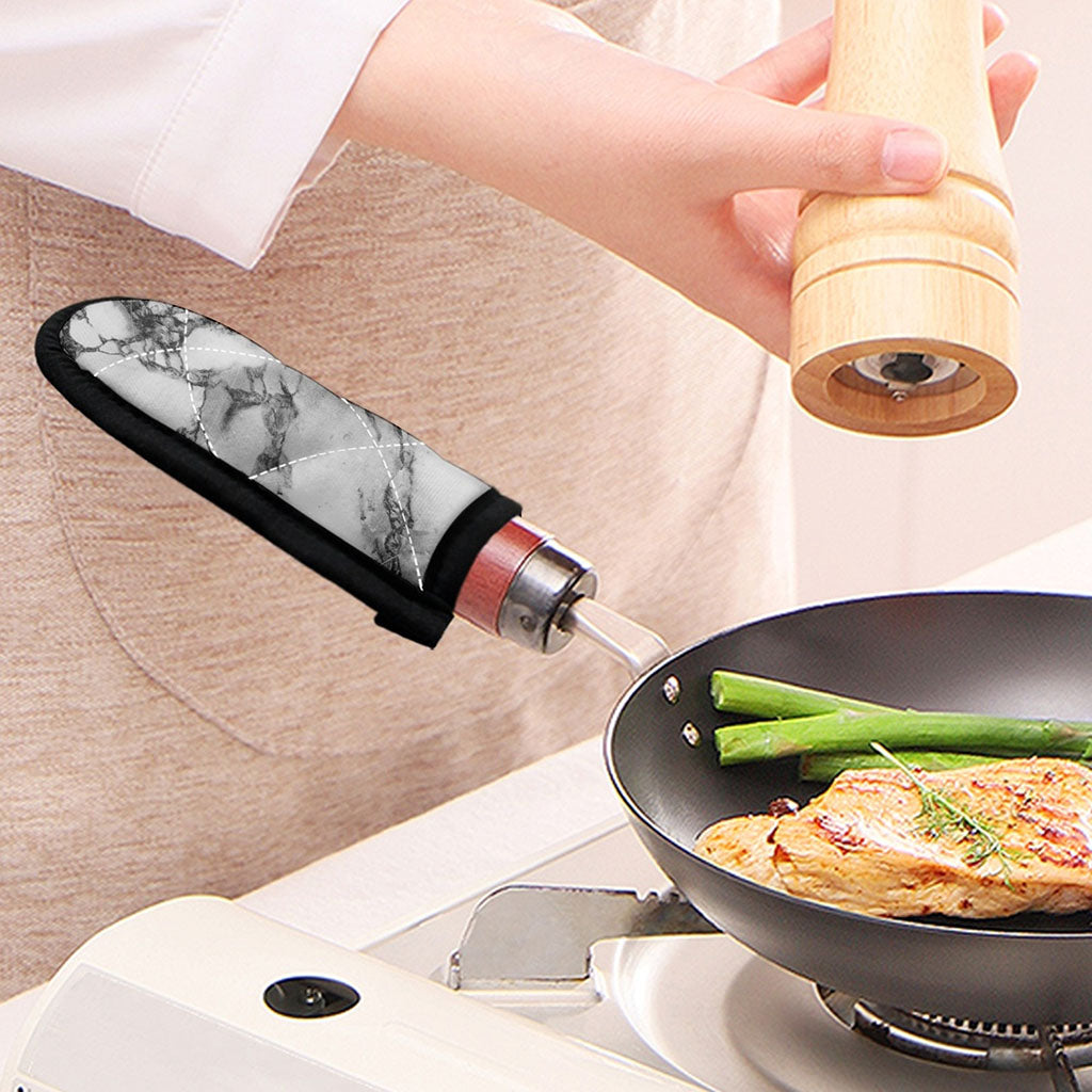 White Dark Grey Marble Print Skillet Handle Cover