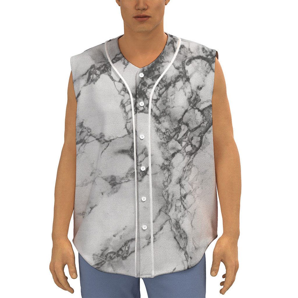 White Dark Grey Marble Print Sleeveless Baseball Jersey