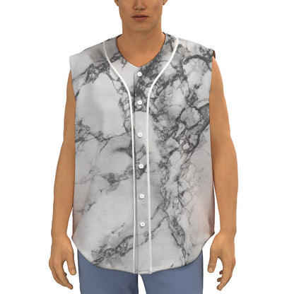 White Dark Grey Marble Print Sleeveless Baseball Jersey