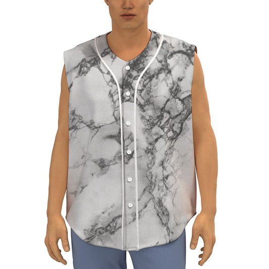 White Dark Grey Marble Print Sleeveless Baseball Jersey
