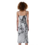 White Dark Grey Marble Print Slim Fit Midi Cami Dress