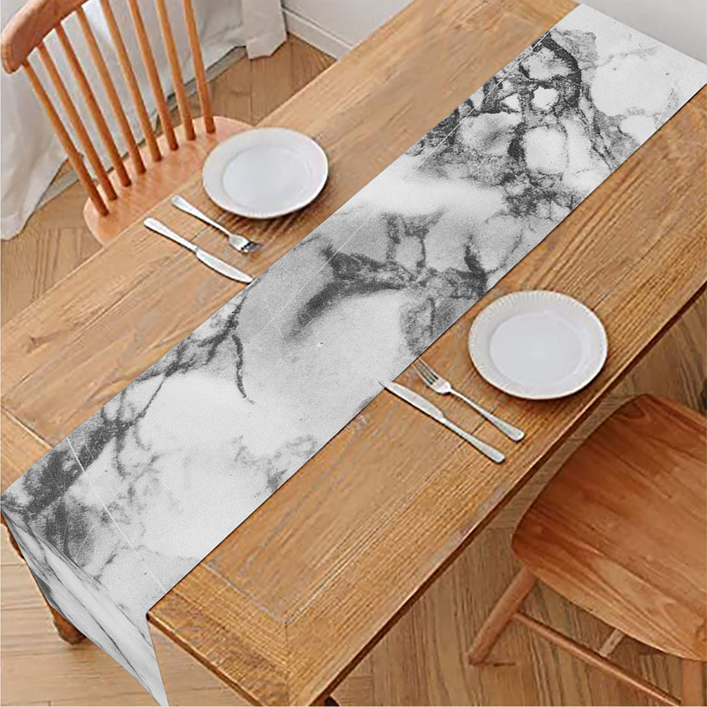 White Dark Grey Marble Print Table Runner