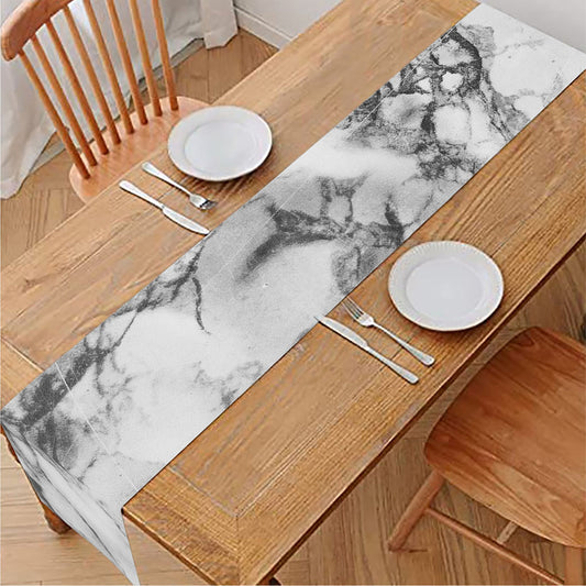 White Dark Grey Marble Print Table Runner