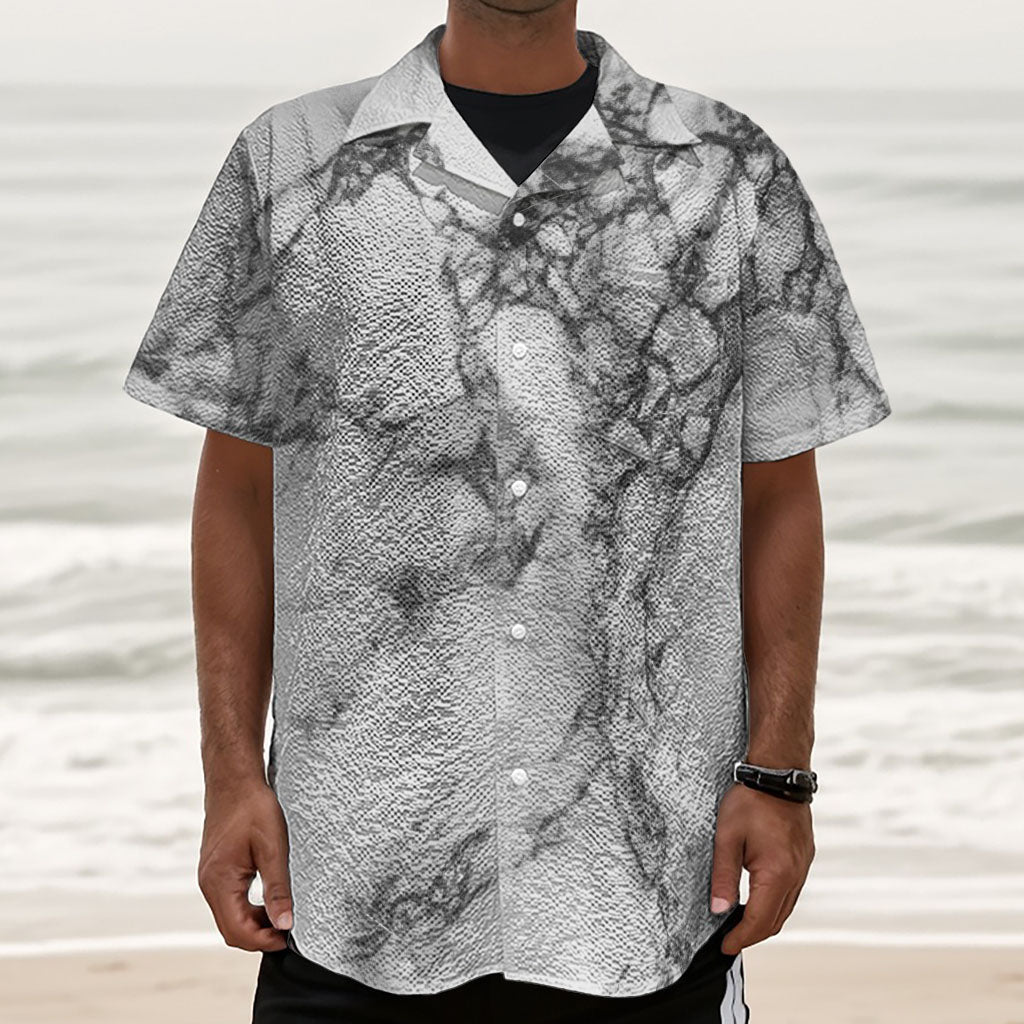 White Dark Grey Marble Print Textured Short Sleeve Shirt