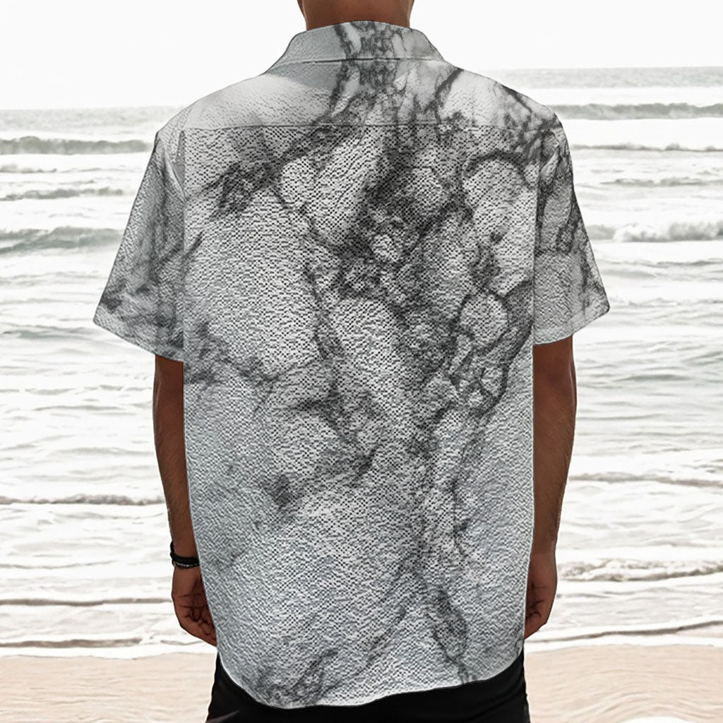 White Dark Grey Marble Print Textured Short Sleeve Shirt