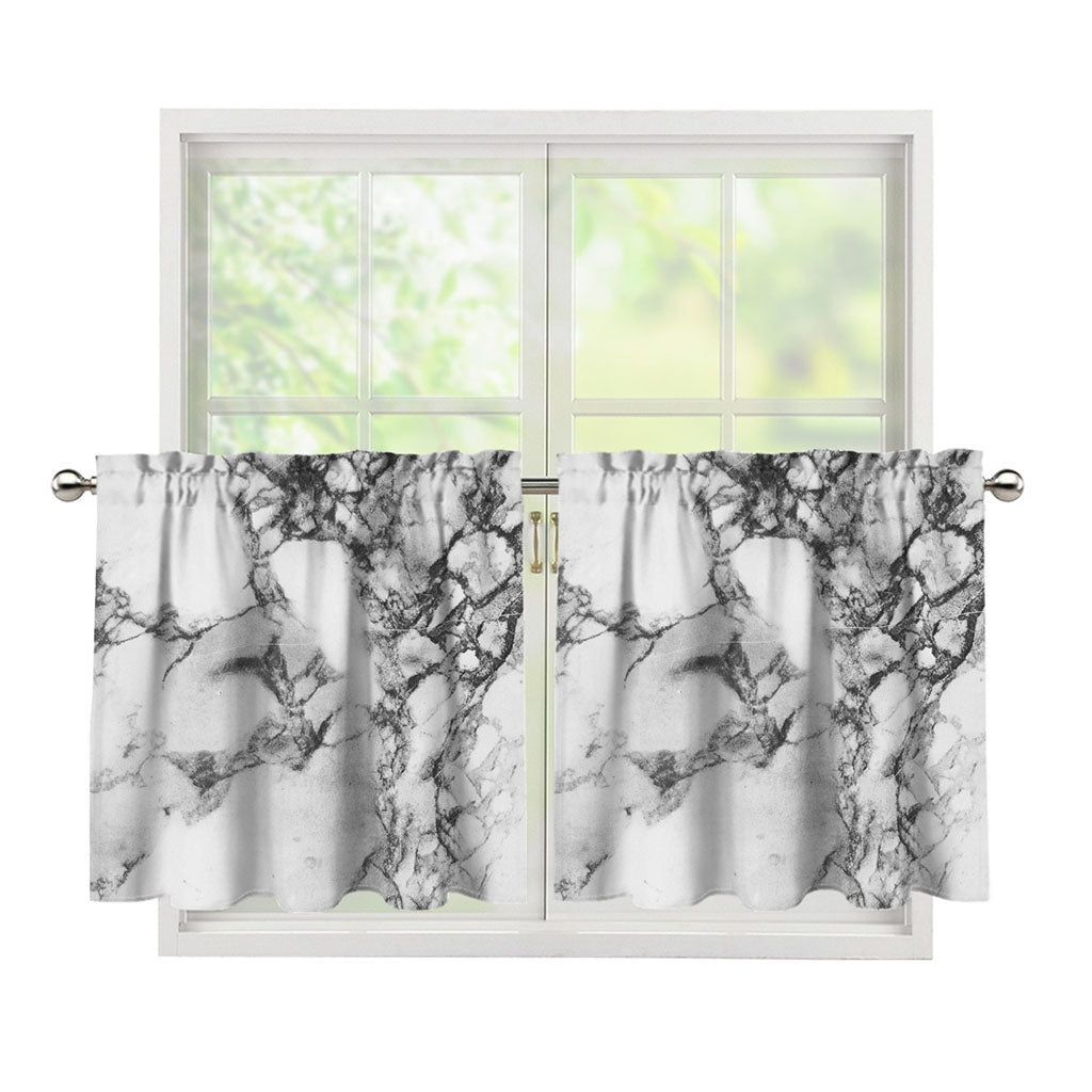 White Dark Grey Marble Print Tier Curtains