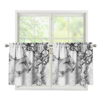 White Dark Grey Marble Print Tier Curtains