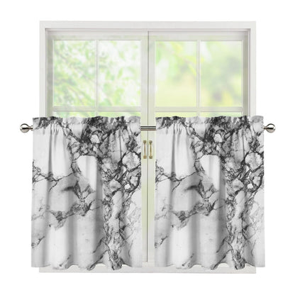 White Dark Grey Marble Print Tier Curtains