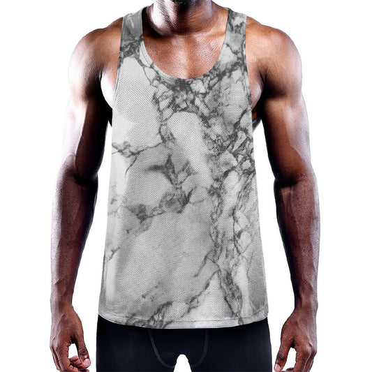 White Dark Grey Marble Print Training Tank Top